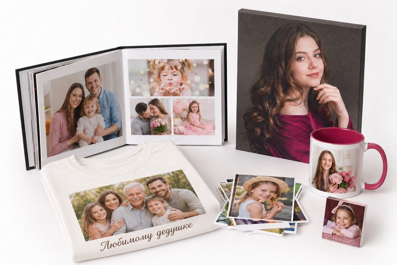 Фотоподарки: кружки, фотокниги, холсты и сувениры по фото